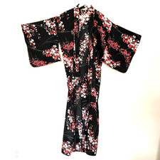 Womens Vintage Kimono Sleeve Maxi Robe w/ Belt Floral Wide Sleeve One Size