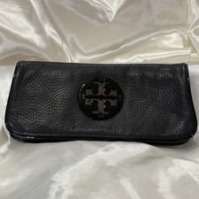 Tory Burch Pebble Leather Clutch Wallet Fold Over Black Logo Cocktail Formal