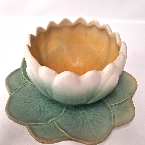 Vintage Weller Pumila Water Lily Planter & Saucer Arts Crafts Art Pottery 1920s