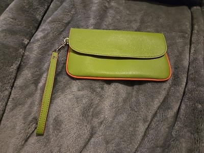Baekgaard Bright Green Pebbled Leather Wristlet Pink Trim Detachable Strap