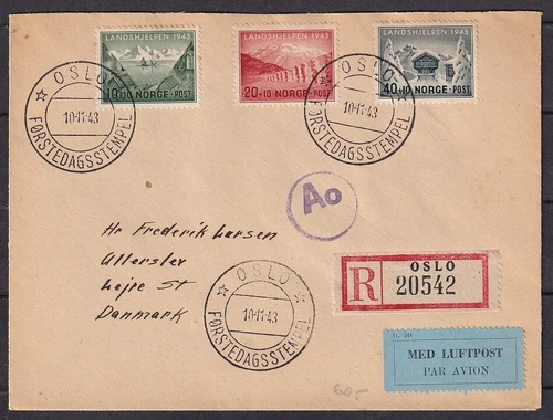 w1184/ Norway Landshjelpen Registered Censor Airmail FDC Cover t/Denmark 1943
