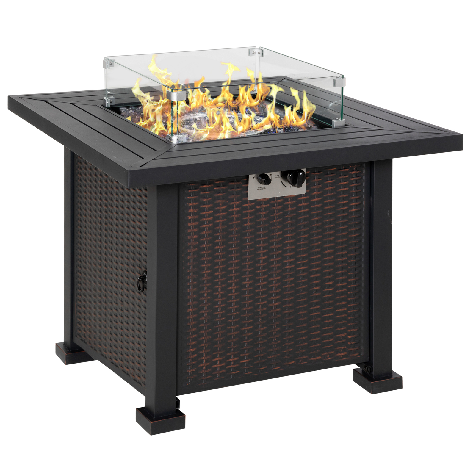 An image depicting Outsunny Outdoor Propane Gas Fire Pit Table w/ Wind Screen & Glass Beads, Black