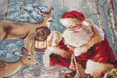 MARKENLOS Santa mit Tieren im Wald Panel Gobelin Weihnachten Stoff mit Weihnachtsmann