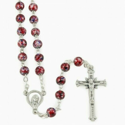 NEW MADE IN ITALY RED VIOLET PUNTINATO BEAD ROSARY - BEAUTIFUL UNIQUE BEADS