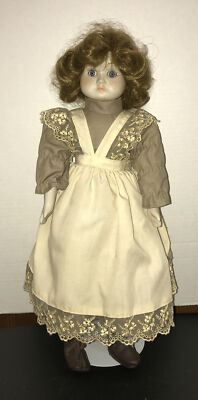 Vintage Zasan Pat. P Porcelain Doll Blue Eyes Dress Apron Brown Boots 18''