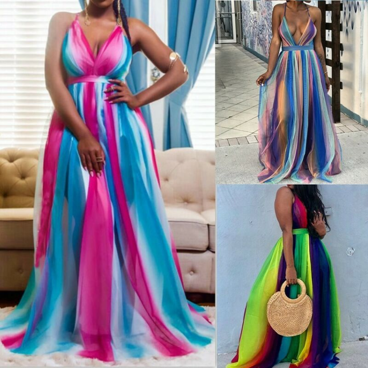 Women Bandage Chiffon Rainbow Stripes V-neck Pleated Sexy Beach Long Party  Dress