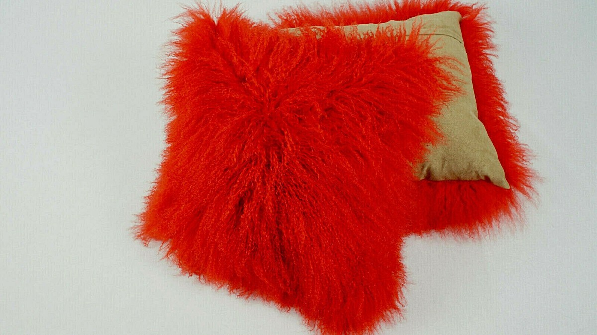 Tibetlammfell Kissen 40x40cm Farbe Orange Echtes Lockiges Lammfell