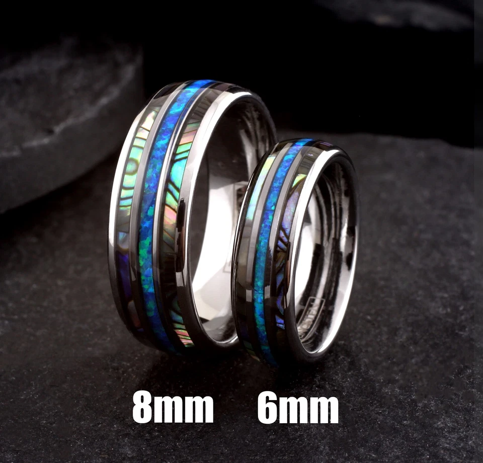 Anel de aliança de casamento masculino de carboneto de tungstênio 8 mm abalone e opala azul havaiana - Imagem 2 de 4