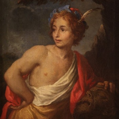 David with the Head of Goliath Antique Oil Painting on Canvas 17th Century