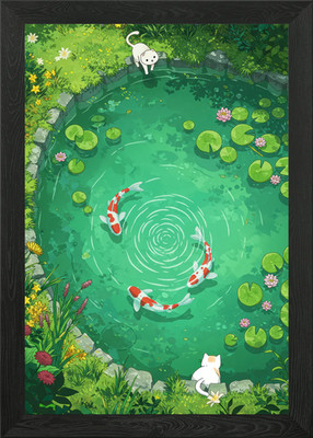 Koi Teich mit Katzen Illustration gerahmt Wandbild Poster Leinwanddruck Bild