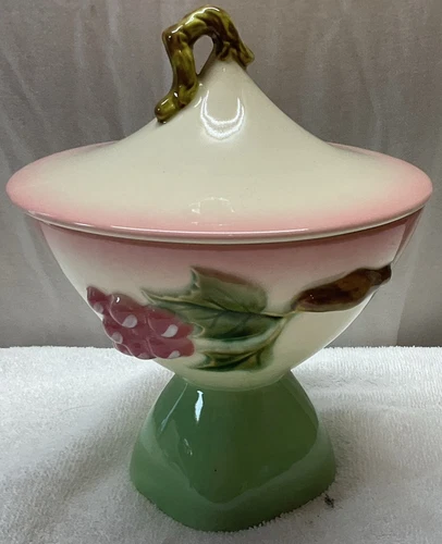 Hull Art Pottery Tokay #9 Covered Candy Dish Pink Green Red Berries 8 1/2" Tall
