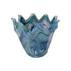 MURANO Green Blue Swirl Glass Bowl Ruffled Tulip Shape Made In Italy 5" Vintage