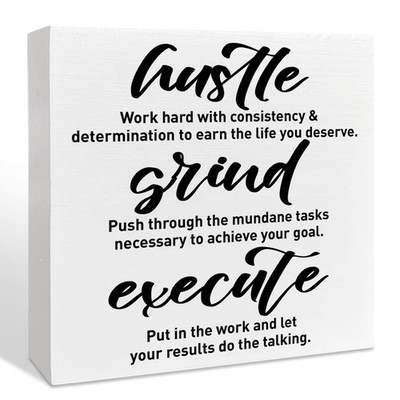 Inspirational Wooden Box Sign, Hustle Grind Execute, Inspirational Home Offic...