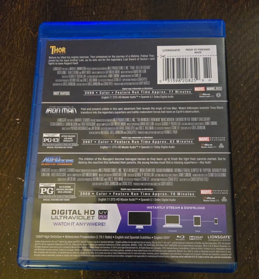 3 MARVEL Animated MOVIES, Thor, Ironman, Next Avengers (Blu-ray) - Image 4 of 4