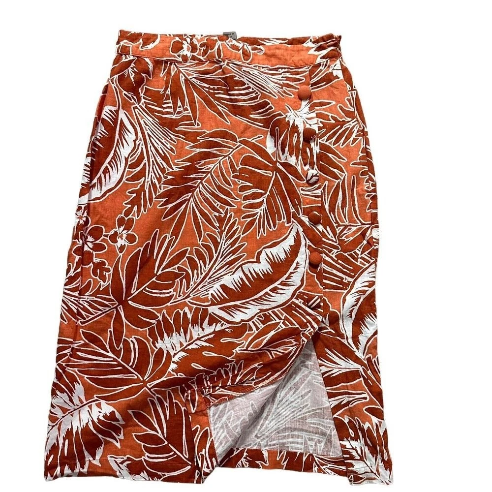 Forever 21 Tropical Print Linen Skirt Size M Knee Length Split Orange Coastal