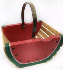 Vtg WATERMELON Wood Basket w/ Heavy Metal Handle Folkart Made In Haiti Wooden
