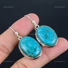 Tibetan Turquoise Stone Sterling Silver Dangling Hook Art Deco Earrings Jewelry