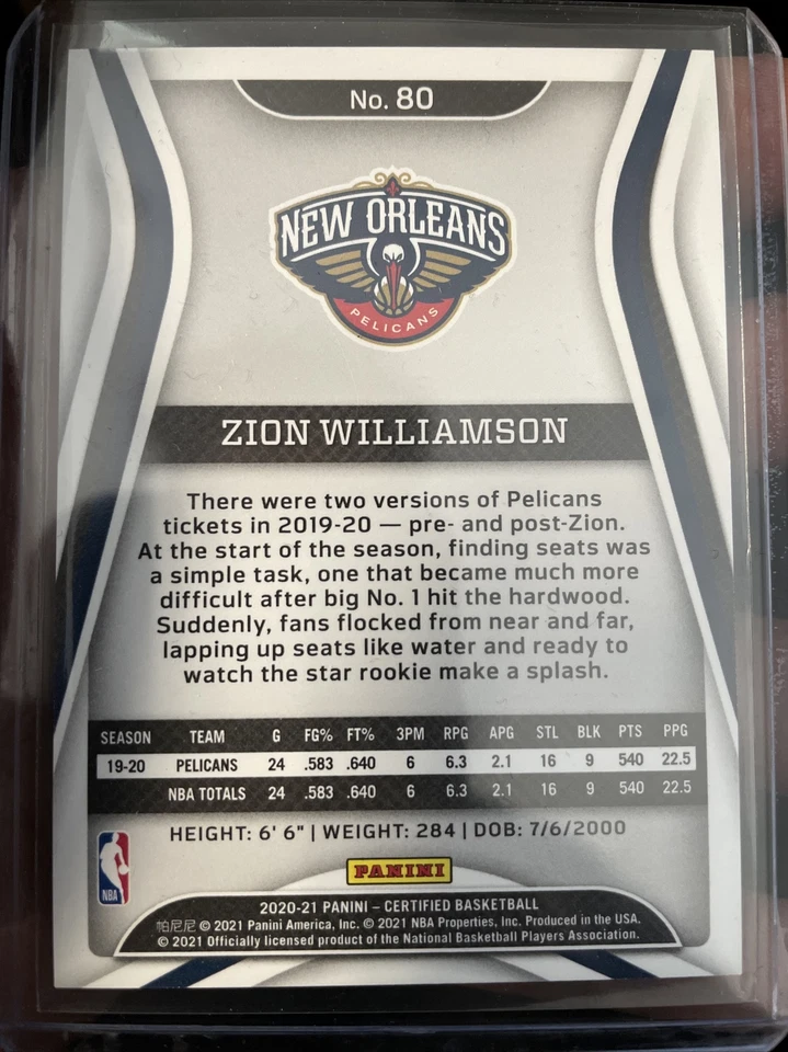 2020-21 Certified Zion Williamson Red Parallel Pelicans Second Year - Image 2 of 2