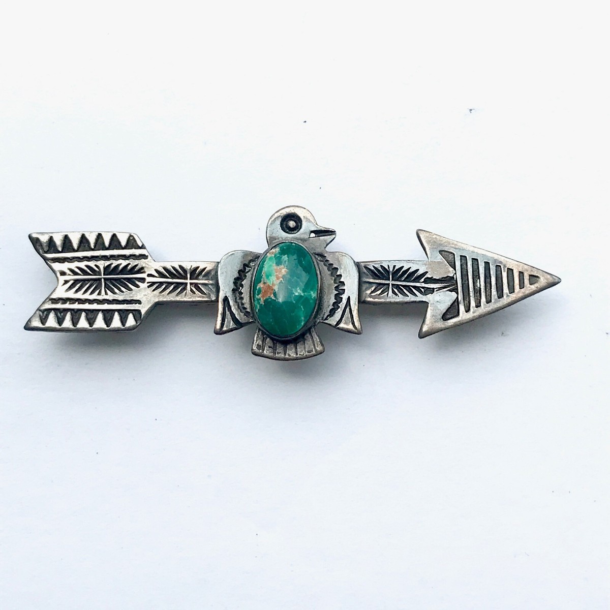 Vintage Navajo Turquoise Thunderbird Arrow Pin Hand
