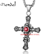 MENDEL Gothic Men Medieval Red CZ Stone Cross Pendant Necklace Stainless Steel