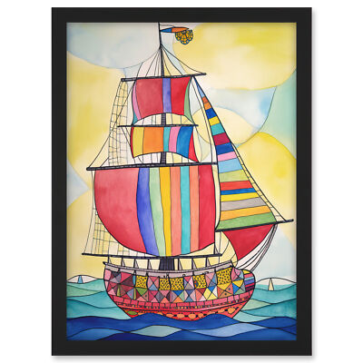 Regenbogenfarben Segelschiff moderne Volkskunst gerahmtes Wandbild Bild Druck A3