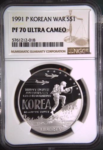 :1991-P S1$ Korean War Commemorative Silver Dollar NGC PF70UC Rarity R4 Top Pop