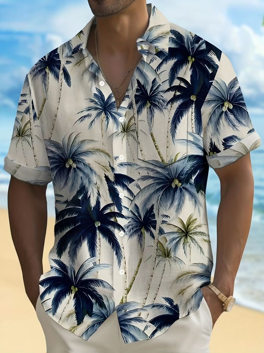 Plus Size Coconut Trees Print Hawaiian Shirt Button Up Big & Tall
