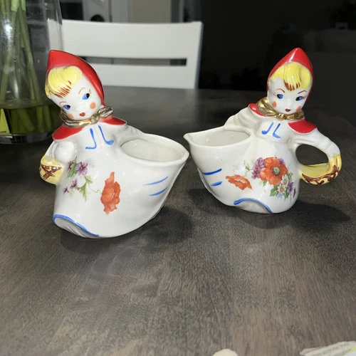 vintage HULL RED RIDING HOOD OPEN CREAMER AND SUGAR 1940's