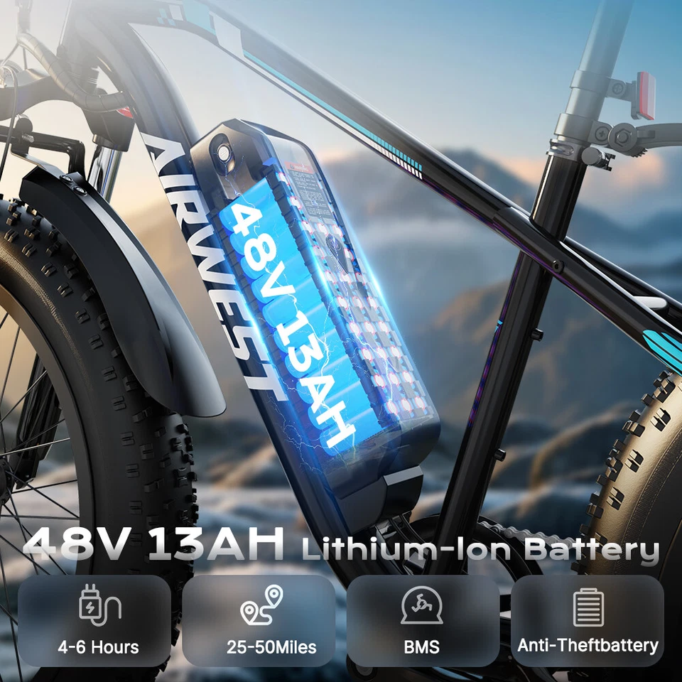 Neumático grueso 26", 48 V 25 MPH 60 millas de alcance, suspensión delantera de 7 velocidades - bicicleta eléctrica de montaña Foto 2 de 4