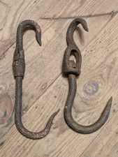 Antique Original~Wrought Iron Butchers Hooks~x2~S Hooks~Swivel Joint~English~