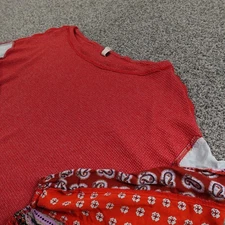 We The Free People Shirt Womens L Red Waffle Knit Thermal Paisley Boho Baggy Top
