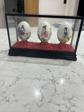 Set of 3 Vintage Japanese Hand Painted Eggs In Wooden Box - Geisha Girls Kimono