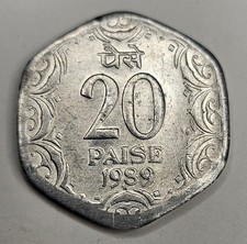 1989 India 20 Paise - Indian Coin - Hyderabad Mint - World Coin - Aluminum 
