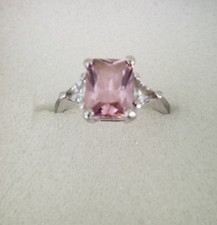 Vintage "Pink Ice" Ring. The Middle Stone Is A Large Emarald Cut CZ. Size 7