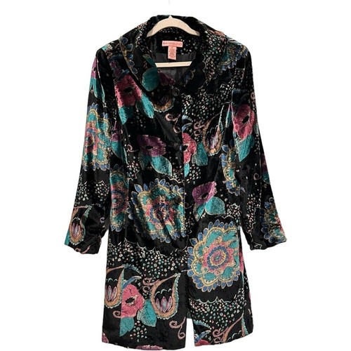 Vintage Bandolino PAISLEY PURPLE/BLACK LONG CRUSHED VELVET COAT Shoulder Pads XL