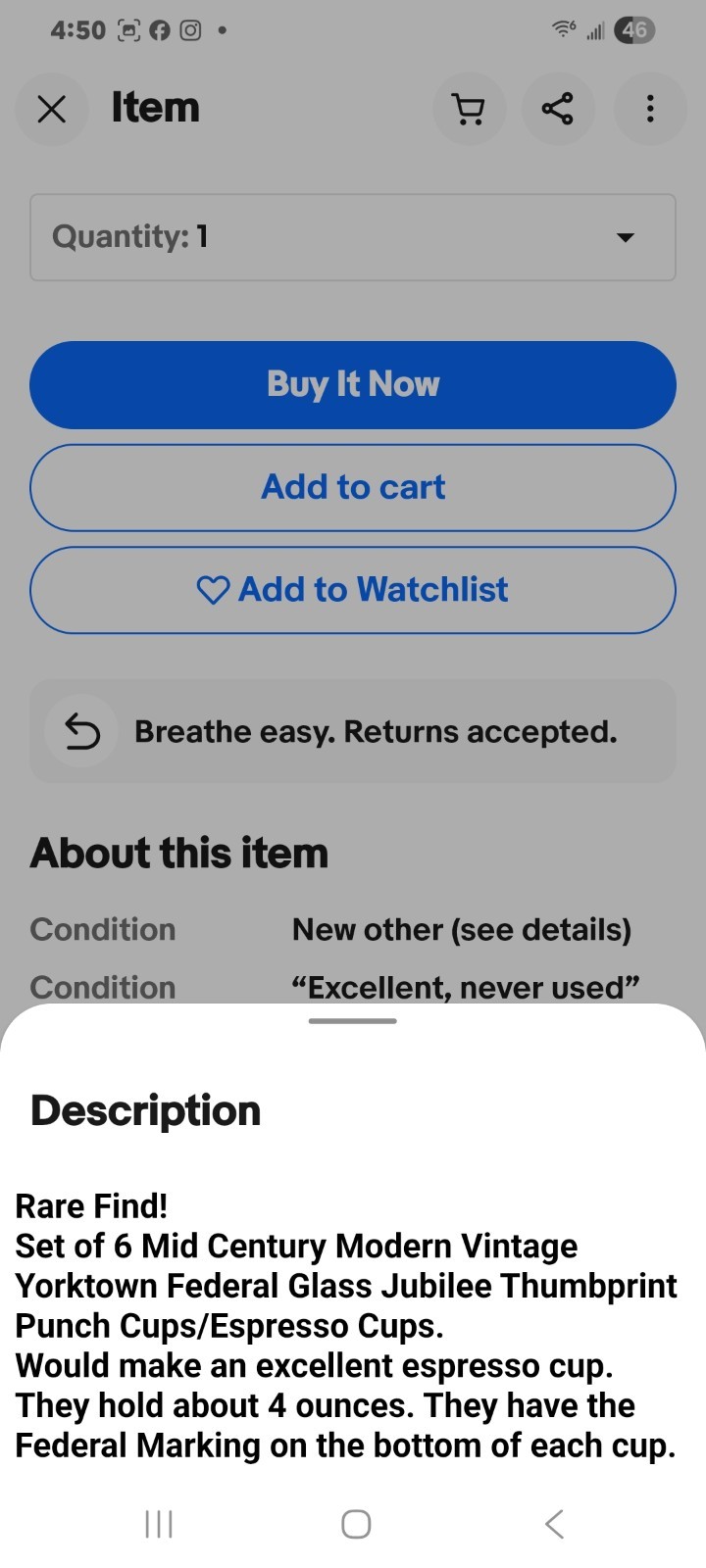 Vintage MCM Yorktown Federal Glass Jubilee Punch Cups Set Of 10   4"W x.  2. 5"H