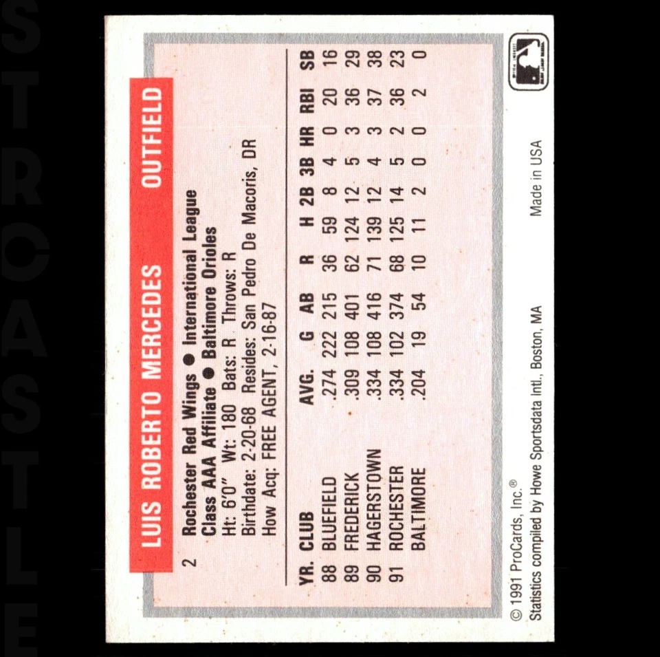 Luis Mercedes 1991 ProCards Tomorrow's Heroes #2 Baltimore Orioles ⚾ Baseball RC - Image 2 of 3