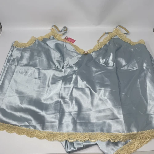 NWT Daniella Simon 2 Piece Silky Camisole Pants PJs Light Blue Lace Trim Sz 3X