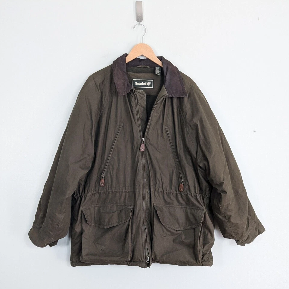Timberland Barn Jacket L Green Brown Vintage Chore Coat Leather Collar Wool - Image 2 of 4