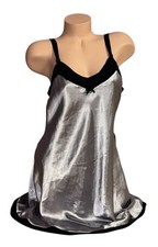 GILLIGAN  O  MALLEY Silver Shiny Satin Black Trim Nightie Nightgown M