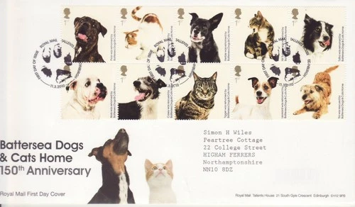 GB Stamps First Day Cover Battersea Dogs and Cats Home, pet, paw print SHS 2010