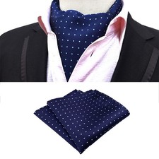 Men Polka Dots Blue Cravat Ascot Necktie Handkerchief Pocket Square Wedding Set