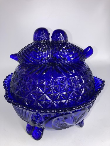 Vintage Hofbauer Cobalt Blue Love Birds Glass Lid & Dish Heavy Large No Chips - Picture 10 of 14