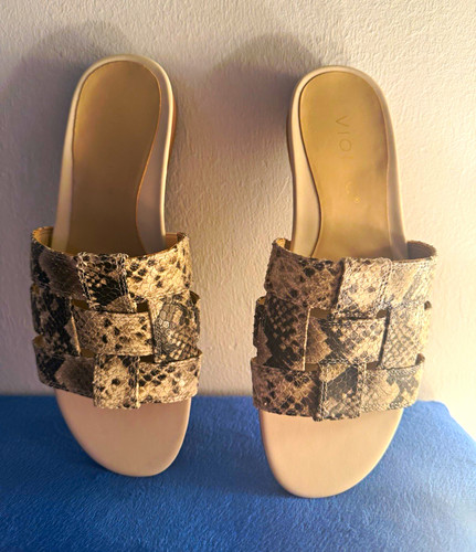Vionic Women's Leather Snake Animal Print Slide Sandals Open Toe Slip On 7.5