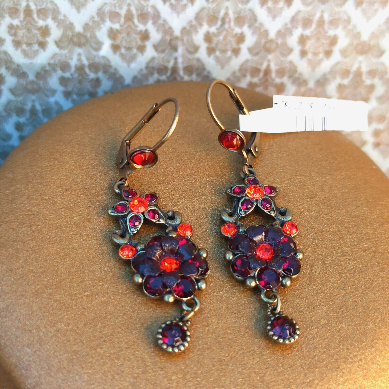 Michal Negrin Earrings Deep Dark Red Orange Long Flower & Swarovski Crystals NWT