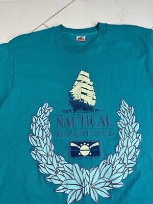Vintage 90s Nautical Adventures Sailing Teal Blue T-Shirt Large Sailboat