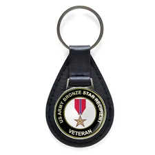 U.S. Army Bronze Star Recipient Veteran Black Leather Keychain Silver Keyring