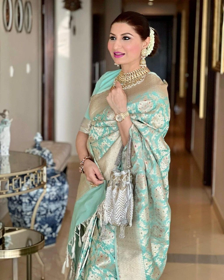 Sari de seda Kanjivaram suave puro Banarasi para mujer con pieza de blusa para boda Foto 2 de 4