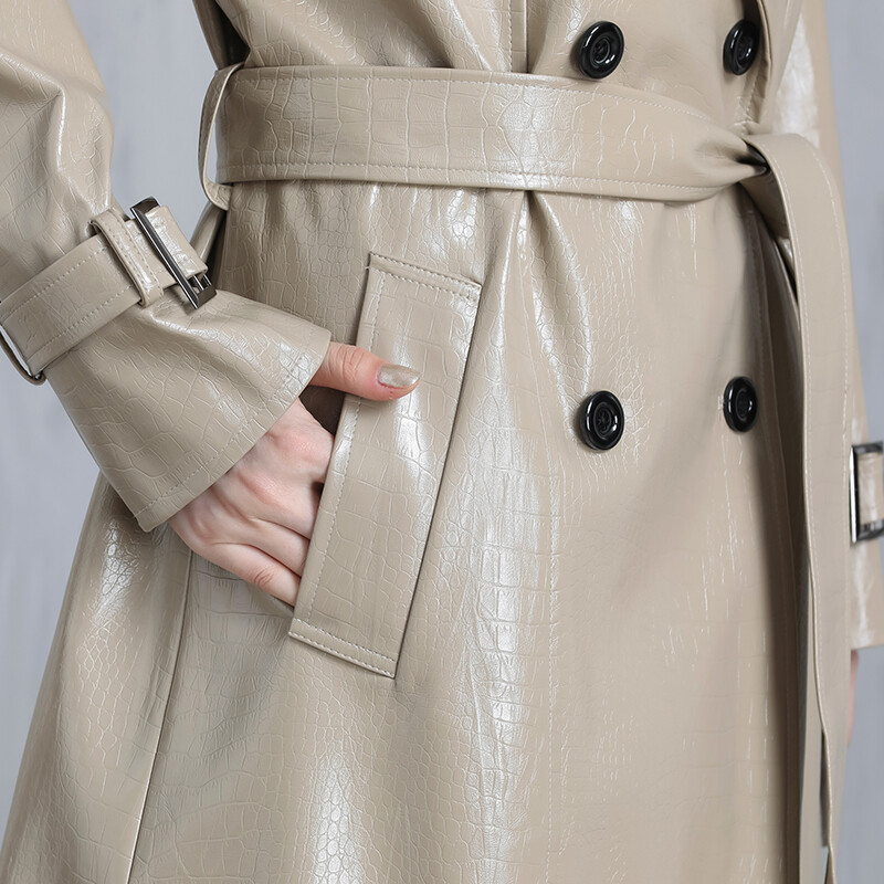 Leather Patterned Leather Trench Coat Women's Double Breasted Belt PU