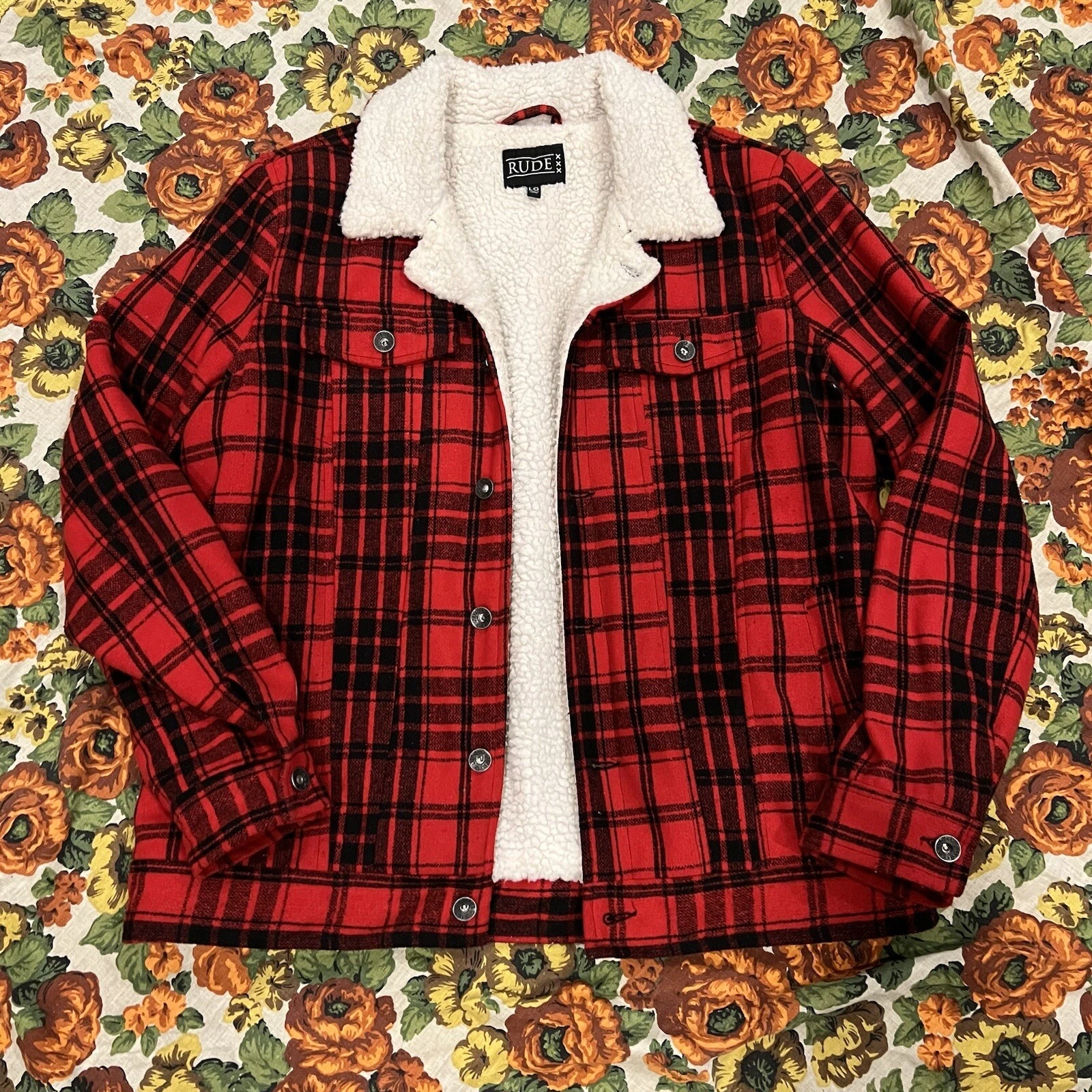 RHUDE Giacca sherpa Rude XXX a quadri in flanella grande cappotto rosso